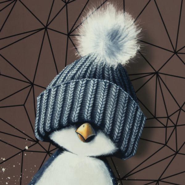Samt Chenille Kissenpanel mit Pinguinen mit Bommelmütze in Nachtblau